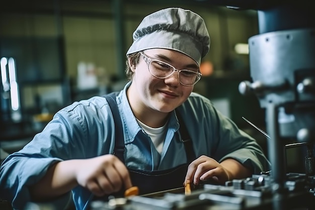 Jeune homme trisomique travaillant dans un atelier généré par l'IA