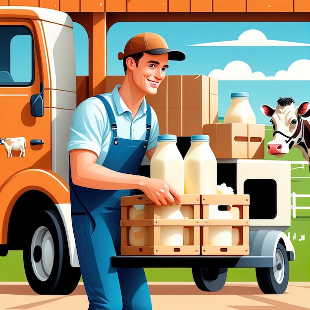 un jeune homme en uniforme avec un camion et un camion de lait sur le fermier avec du lait dans le camion