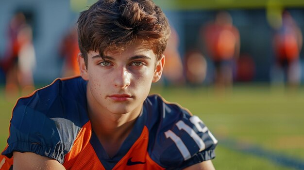 Jeune homme en uniforme orange et bleu s'entraînant pour l'équipe d'athlétisme