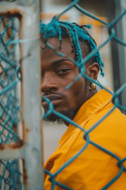 Un jeune homme urbain avec des dreadlocks bleus appréciant la musique en plein air dans un style décontracté