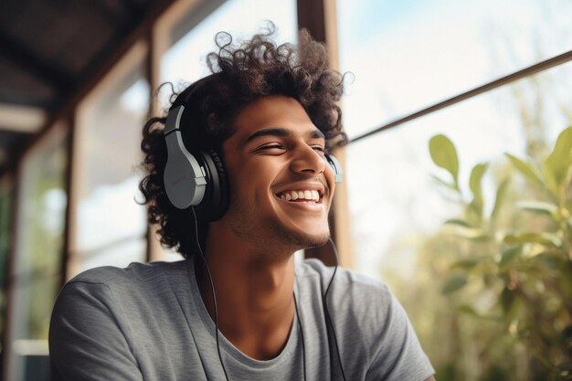 Photo jeune homme utilisant un casque et écoutant de la musique