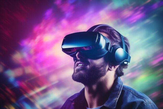 Jeune homme utilisant des lunettes de casque de réalité virtuelle VR pour les jeux et l'éducation