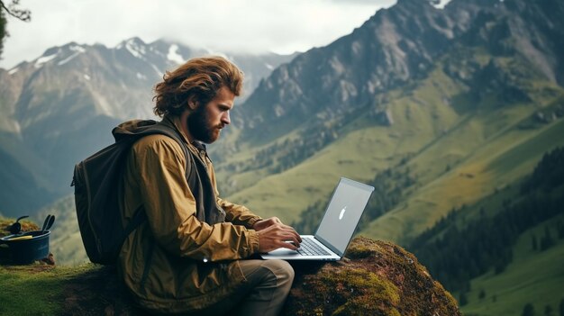 jeune homme utilisant un ordinateur portable au sommet de la montagne