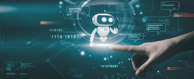 Un jeune homme utilise un ordinateur portable avec l'assistant AI pour créer quelque chose générer des images par artificiel