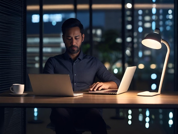 Un jeune homme utilise un ordinateur portable au travail au bureau tard dans la nuit