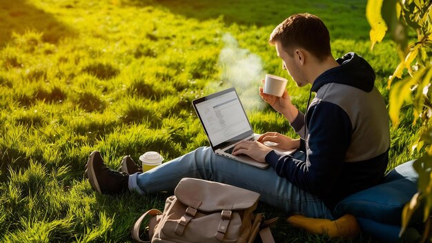 Un jeune homme utilise son ordinateur portable avec du café pour aller travailler sur l'herbe