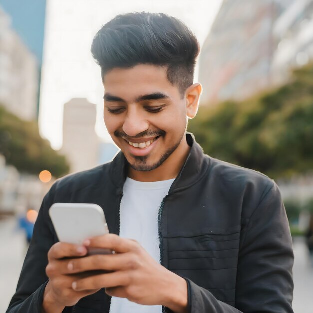 Un jeune homme vérifie les réseaux sociaux sur son téléphone portable alors qu'il se promène dans la ville.