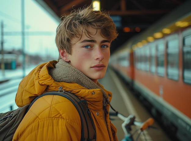 Un jeune homme en veste jaune debout à côté d'un train