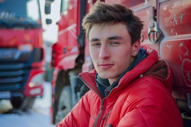 Jeune homme en veste rouge s'appuyant sur un camion généré par l'IA