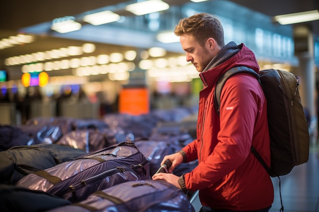 Photo un jeune homme en veste rouge et en sac à dos debout avec des bagages à l'aéroport