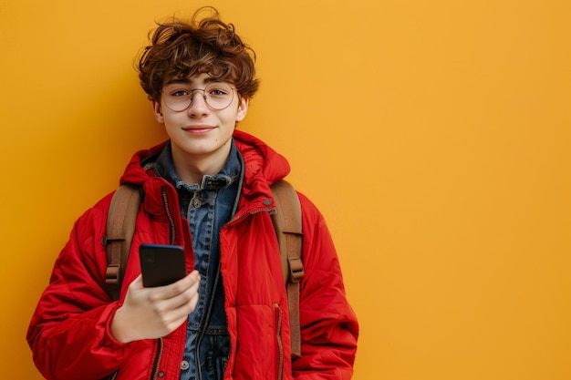 Un jeune homme en veste rouge tenant un téléphone portable