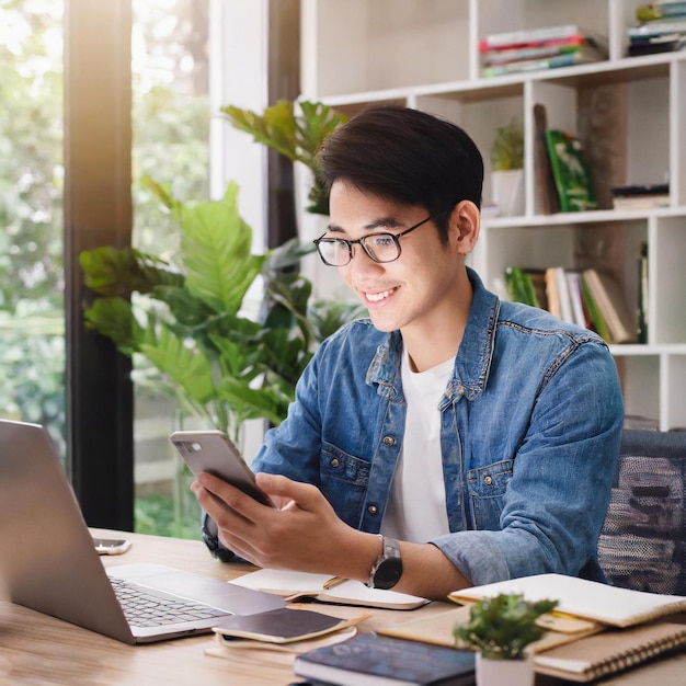 un jeune homme en vêtements décontractés utilise un téléphone portable intelligent lors d'un travail sur un ordinateur portable au bureau à domicile