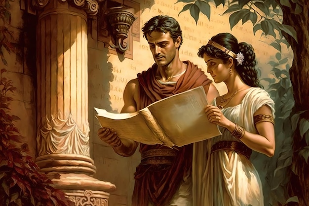 Un jeune homme vêtu d'une ancienne tunique grecque, avec un rouleau de papyrus à la main, se tient debout et lit un poème.