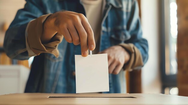 Un jeune homme vêtu d'une veste de jean bleue et d'un pull brun vote dans une urne lors d'une élection