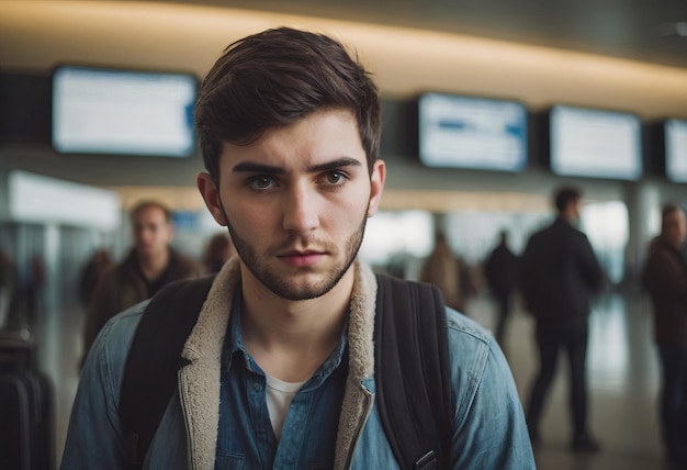 Jeune homme voyageur avec un sac à dos attendant au terminal de départ de l'aéroport