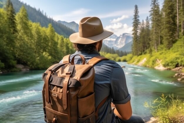 Jeune homme voyageur utilisant un ordinateur portable avec une belle vue sur la montagne enneigée pendant le voyage d'été