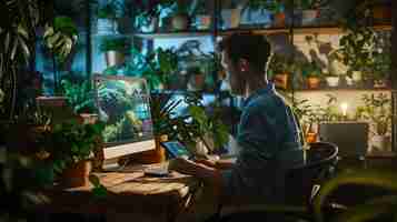 Photo un jeune indépendant travaille tard dans la nuit dans son bureau à la maison, il est assis à son bureau entouré de plantes et utilise un ordinateur et une tablette.