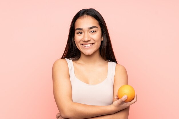 Jeune, indien, femme, tenue, orange