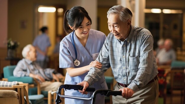 Une jeune infirmière asiatique qui aide un vieil homme asiatique âgé avec une mobilité limitée à marcher dans la vie.