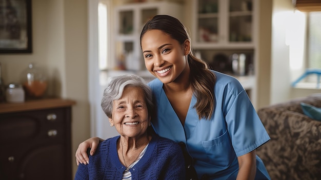 Photo une jeune infirmière étreint son patient mature.