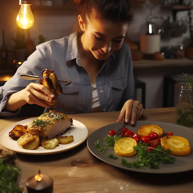 Une jeune influenceuse food prend des photos de son steak avec un gratin de pommes de terre et des légumes
