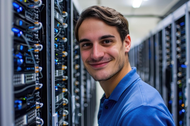 Photo jeune ingénieur dans la salle des serveurs du centre de données