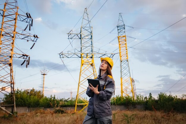 Un jeune ingénieur inspecte et contrôle l'équipement de la ligne électrique. Énergie.