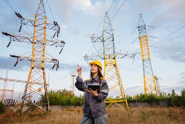 Un jeune ingénieur inspecte et contrôle l'équipement de la ligne électrique. Énergie.