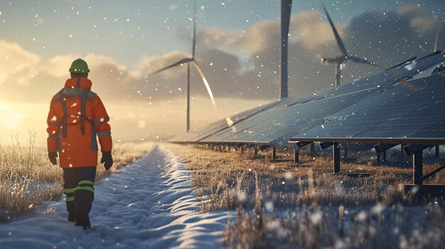 Photo jeune ingénieur masculin avec une centrale solaire en hiver paysage en hiver