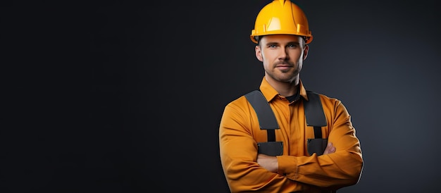 Jeune ingénieur posant avec les bras croisés devant un arrière-plan portant un casque de sécurité et un gilet