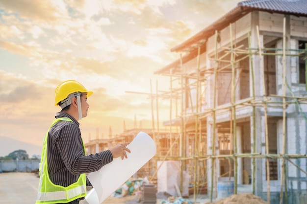 Jeune ingénieur professionnel en casque de protection sur le chantier de construction de maisons