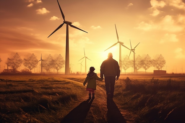 Un jeune ingénieur qui s'occupe de sa fille et regarde le champ du moulin à vent au coucher du soleil concept d'énergie renouvelable amour de la nature famille électricité avenir vert