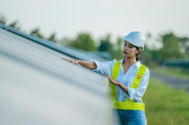 Photo jeune ingénieure asiatique travaillant avec des panneaux solaires en station