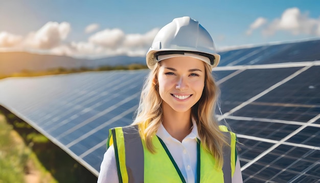 Une jeune ingénieure en électricité travaille dans une centrale solaire.