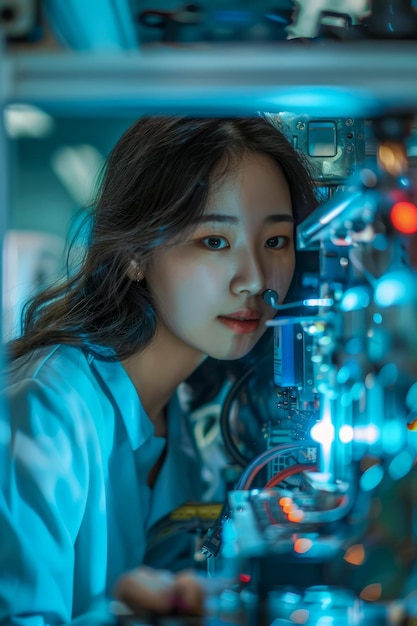 Photo jeune ingénieure travaillant sur l'électronique dans un laboratoire de haute technologie avec des équipements de pointe