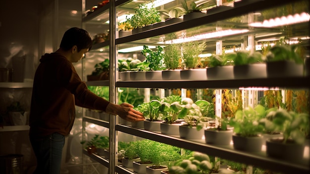 jeune jardinier masculin en gants prenant un plateau avec une plante verte fraîche à l'intérieur