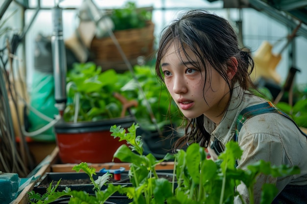 Une jeune jardinière s'occupe de ses plantes dans une serre, concentrée et attentive au milieu d'un feuillage luxuriant