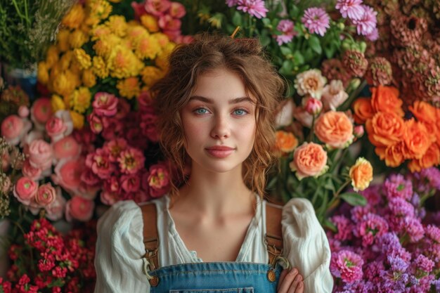 Une jeune jardinière souriante devant un jardin vertical luxuriant