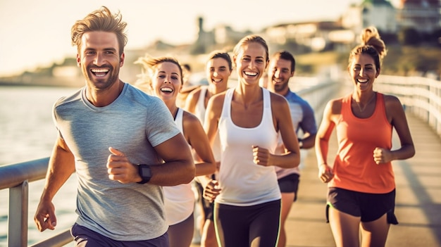 Jeune jogging du soir Groupe de jeunes gens joyeux courant près de la plage et regardant ha Generative AI