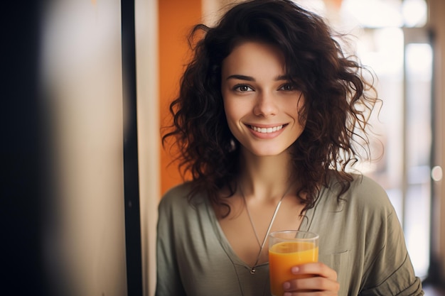 Une jeune jolie brune à l'intérieur tenant un jus d'orange