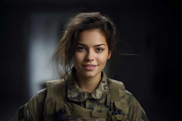 Photo une jeune jolie brune à l'intérieur en uniforme militaire