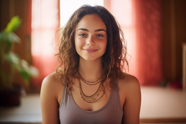 Une jeune et jolie brune à l'intérieur.