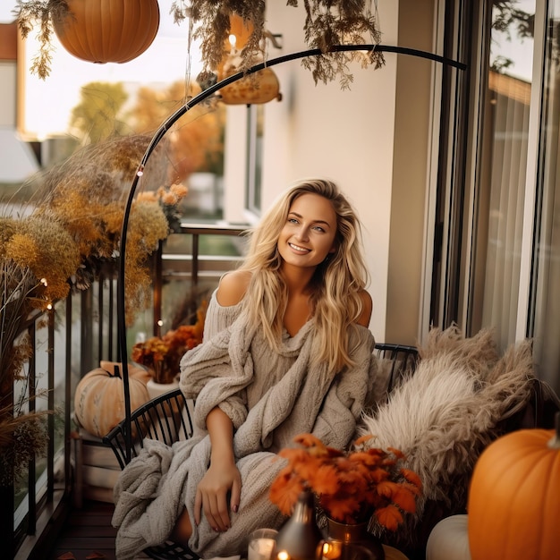 Jeune jolie dame se relaxant sur son balcon décoré d'automne belle femme assise sur son balcon décor d'automne avec des citrouilles et des bougies après-midi lumière du jour gros plan