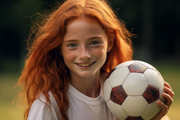 Jeune jolie femme aux cheveux roux à l'extérieur tenant un ballon de football