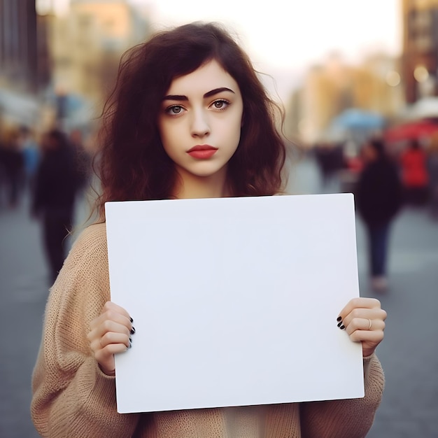 jeune jolie femme aux longs cheveux bouclés en manteau beige dans la rue de la ville tenant une feuille blanche vierge