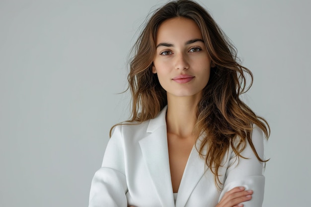 Jeune et jolie femme en chemise blanche et les bras croisés posant calmement devant la caméra sur fond blanc