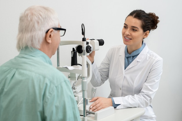 Jeune jolie femme ophtalmologiste en blouse blanche assise près de l'équipement médical dans les cliniques et va tester la vue d'un patient masculin âgé