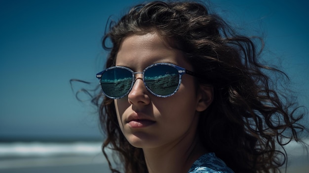 Jeune jolie femme portant des lunettes de soleil élégantes sur la plage Generative AI