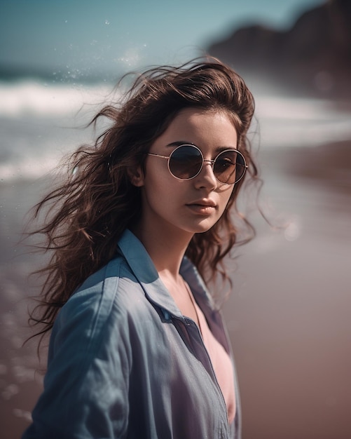 Jeune jolie femme portant des lunettes de soleil élégantes sur la plage Generative AI