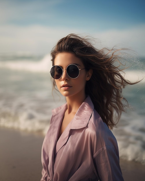 Jeune jolie femme portant des lunettes de soleil élégantes sur la plage Generative AI